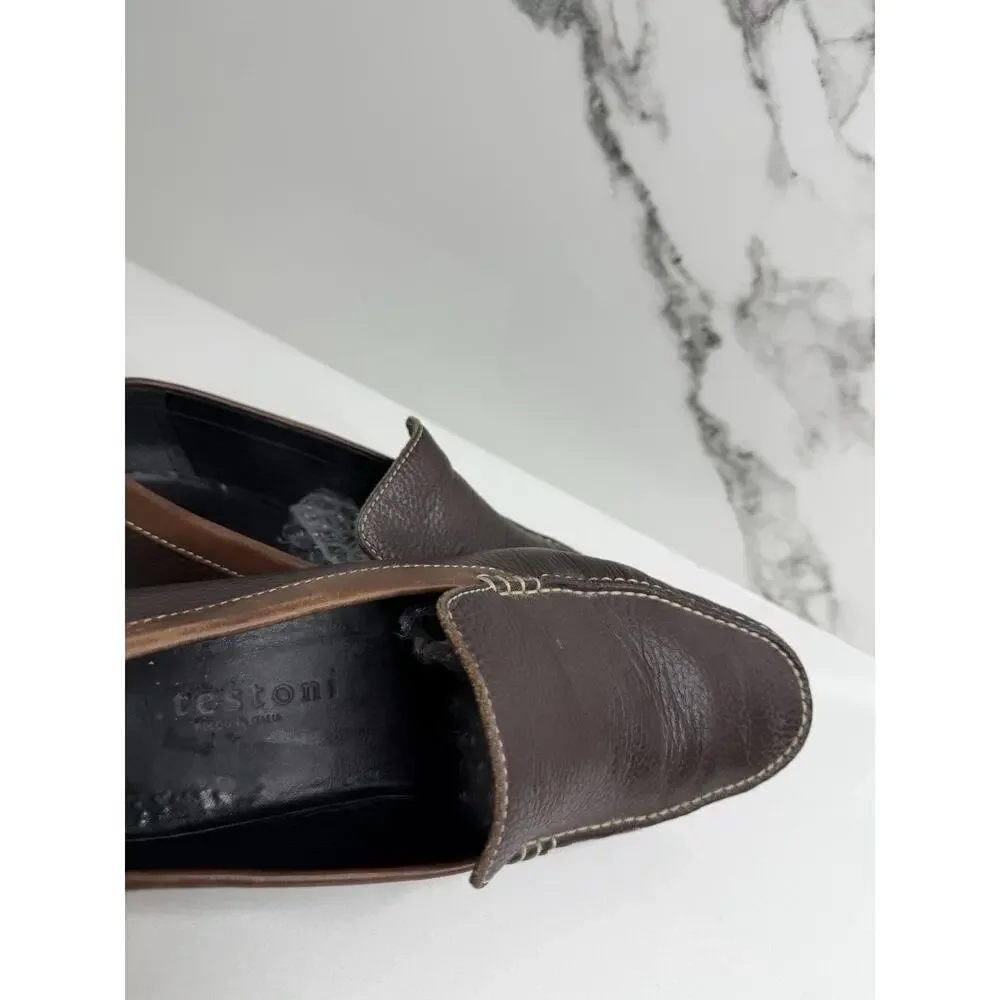 A Testoni Mens Loafer Shoes Size 7.5 Grained brown Leather Slip On T-Way
